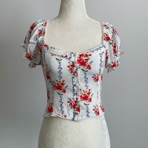 Forever 21 Floral Button Down Puff Sleeve Crop Top